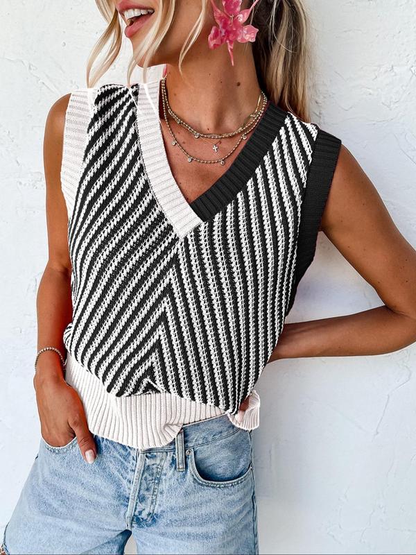 Women's Colorblock V Neck Sweater Vest, Casual Sleeveless Knit Top for Summer, Fashion Women's Knitwear for Daily Wear
