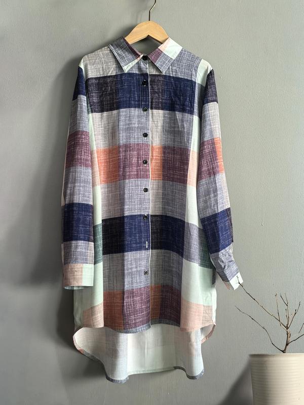 Women's Plaid Print Button Front Long Shirt, Casual Loose Collared Top for Spring & Fall, Women's Clothes for Daily Wear, Fall Clothes, Summer Clothes Women
