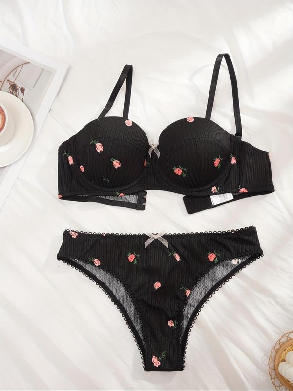 Women's Ditsy Floral Print Bow Front Bra & Panty Set, Korean Wear, 2pcs Push up Bra & Knicker for Daily Wear, Lingerie Set for All Seasons, Korean Streetwear