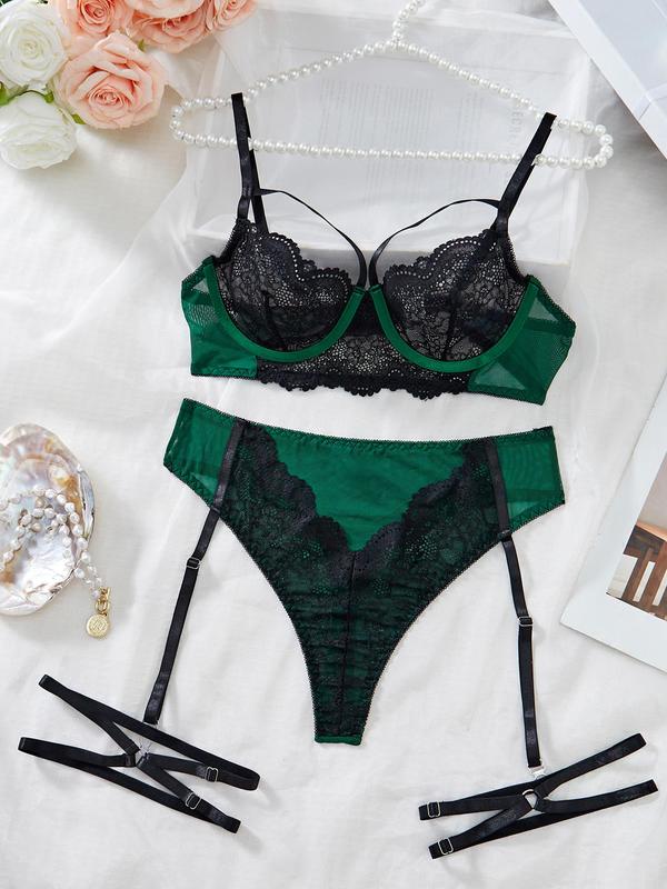 Women's Colorblock Lace Bra & Sheer Thong with Leg Rings Design Sexy Lingerie Two-piece Set, Adjustable Strap Push Up Bra & Panty, Sexy Lingerie Set for Women