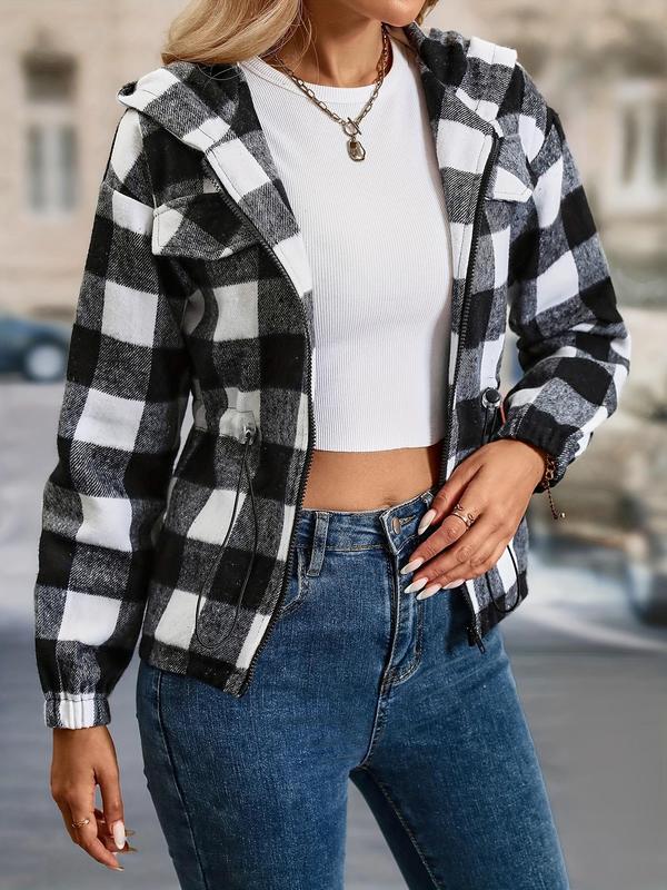 Women's Plaid Print Drawstring Zip Up Hooded Jacket, Elegant Casual Drop Shoulder Long Sleeve Outerwear for Spring & Fall, Ladies Clothes for Daily Wear