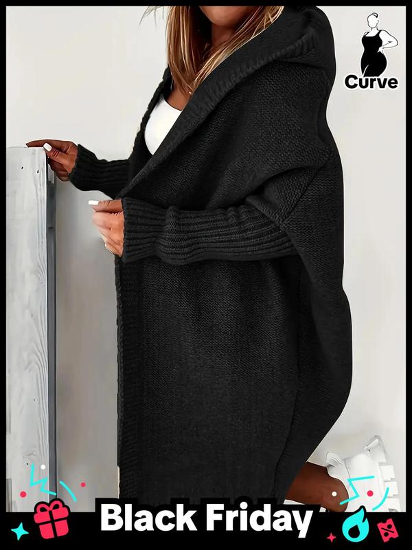 [Faith Devine Exclusive] Solid Drop Shoulder Top Stitching Hooded Cardigan, Casual Long Sleeve Open Front Knitwear for Fall & Winter, Women's Clothing for Daily Wear, Downtown Girl Clothes