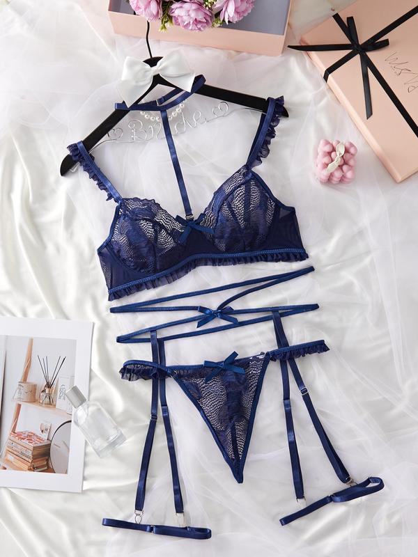 Women's 3pcs Bow Decor Sheer Lace Garter Lingerie Set, Adjustable Strap Frill Trim Bra & Thong & Garter Belt Set, Fashion Sexy Lingerie & Costumes for Lady