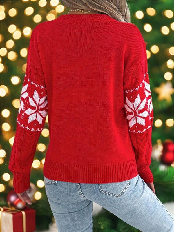 Women's Christmas Snowflake Print Drop Shoulder Sweater Pullover, Casual Long Sleeve Round Neck Jumper for Fall & Winter, Ladies' Knitwear for Daily Wear