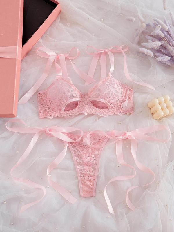 Women's Cut Out Sheer Floral Lace Bra & Thong Sexy Lingerie Two-piece Set, Solid Color Tie Shoulder Push Up Bra & Tie Side  Panty, Women's Lingerie & Underwear Set for All Seasons