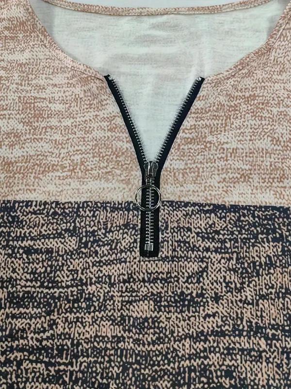 Women's Colorblock Striped Print Zipper Tee, Casual Long Sleeve Round Neck Top for Fall & Winter, Women's Clothes for Daily Wear