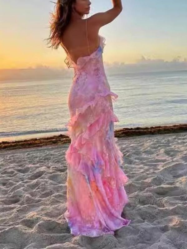 Women's Floral Print Ruffle Trim Backless Cami Dress, Elegant V Neck Sleeveless Maxi Dress for Beach Holiday Vacation, Ladies Summer Clothes