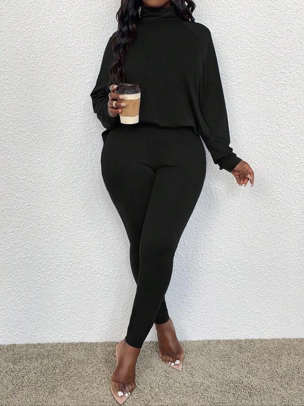 Women's Solid Raglan Sleeve Top & Skinny Pants Two-Piece Set, Casual Fashion Cozy High Neck Top & Trousers for Daily Outdoor Wear, Women's Clothing for Fall & Winter