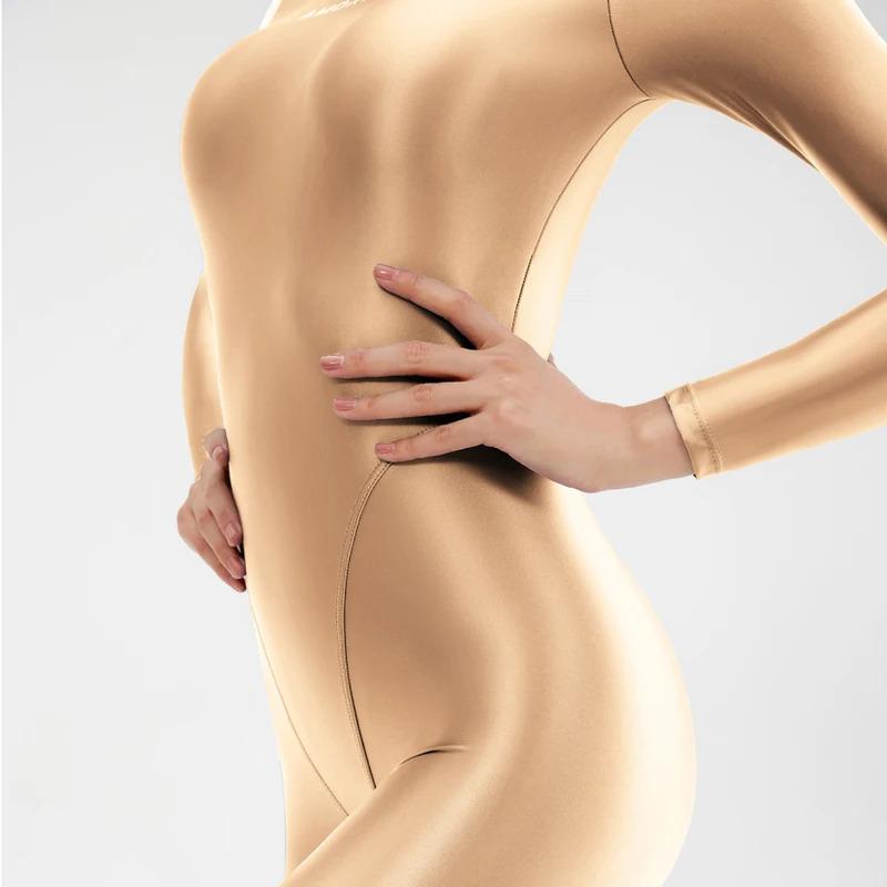 2024Women's Catsuit Playsuits Wetlook Shiny Glossy Tights Zipper Leotards Fullbody Overall Zentai Jumpsuits