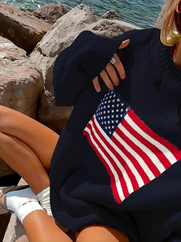 Women's Graphic Print Drop Shoulder Long Sleeve 4th Of July Sweater, Fashion Casual Vintage Crewnecks Jumper for Spring & Fall, Summer Outfits, Women's Vintage Clothing Knitwear for Daily Wear