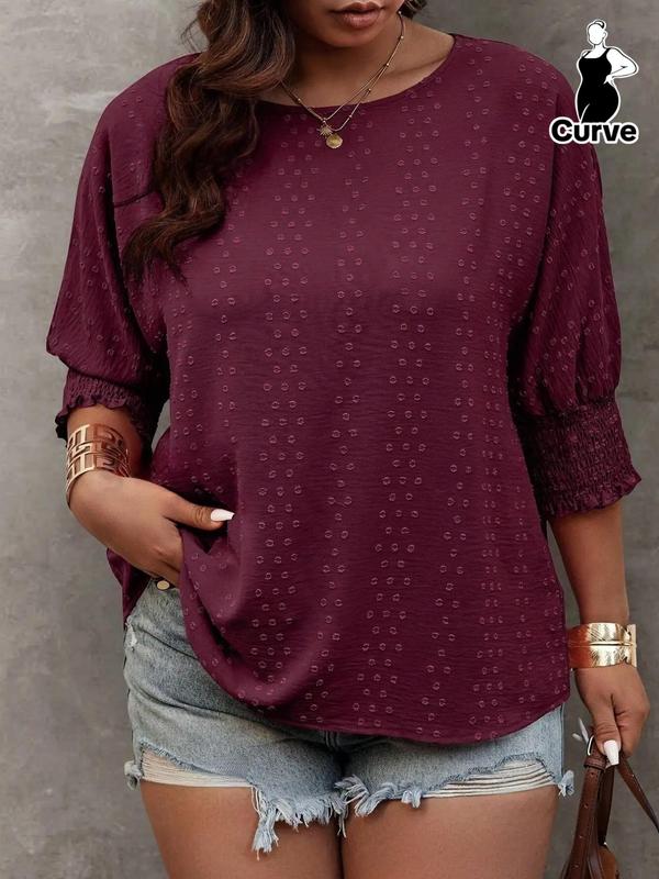  Ditsy Floral Jacquard Shirred Ruffle Trim Blouse, Casual Flounce Sleeve Round Neck Top for Daily Wear, Women's Clothing for All Seasons