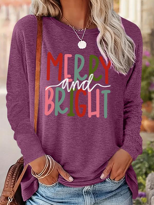 Women's Christmas Letter Print Drop Shoulder T-shirt, Casual Long Sleeve Round Neck Pullover for Fall & Winter, Ladies Clothes for Daily Wear