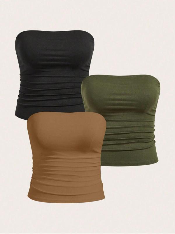  Solid Ruched Tube Top, Casual Comfy Breathable Strapless Top for Daily Wear, Women's Clothing for All Seasons