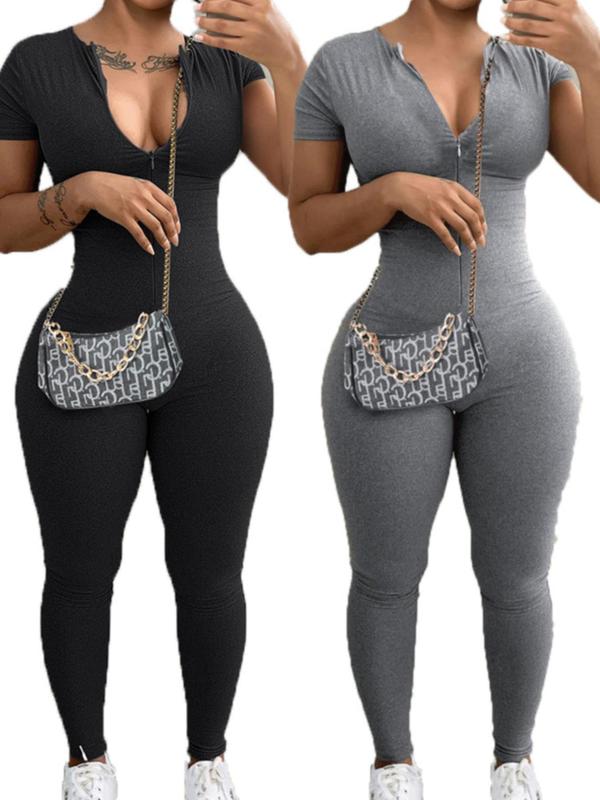 Women's Solid Round Neck Zip Up Bodycon Jumpsuit, Minimalist Comfort Womenswear, Basic Lady Short Sleeve Skinny Jumpsuit for Fall, Ladies Clothes for Daily Wear