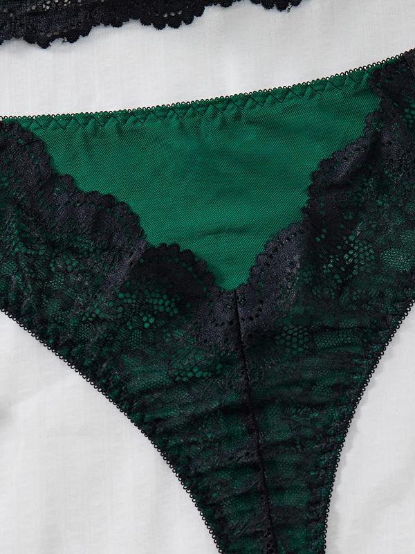 Women's Colorblock Lace Bra & Sheer Thong with Leg Rings Design Sexy Lingerie Two-piece Set, Adjustable Strap Push Up Bra & Panty, Sexy Lingerie Set for Women