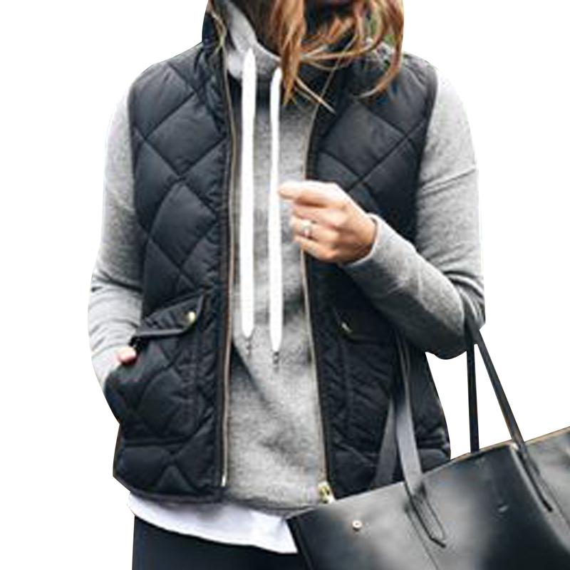 Women Casual Winter Sleeveless Plaid Zip Jacket Warm Waistcoat Black Brown Navy Blue Khaki Army Green