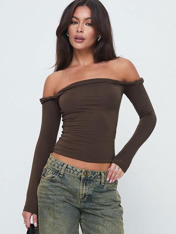 Women's Plain Twist Off Shoulder  Crop Tee, Casual Long Sleeve T-shirt for Fall & Winter, Women's Clothing for Daily Wear