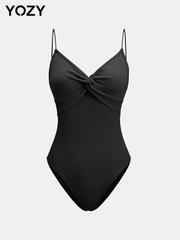 YOZY [4 colors] Twist Front Bodysuit, Casual Plain Ribbed Sleeveless Spaghetti Strap Button Cami Bodysuit, 2024 Women's Daily Wear for Spring & Summer