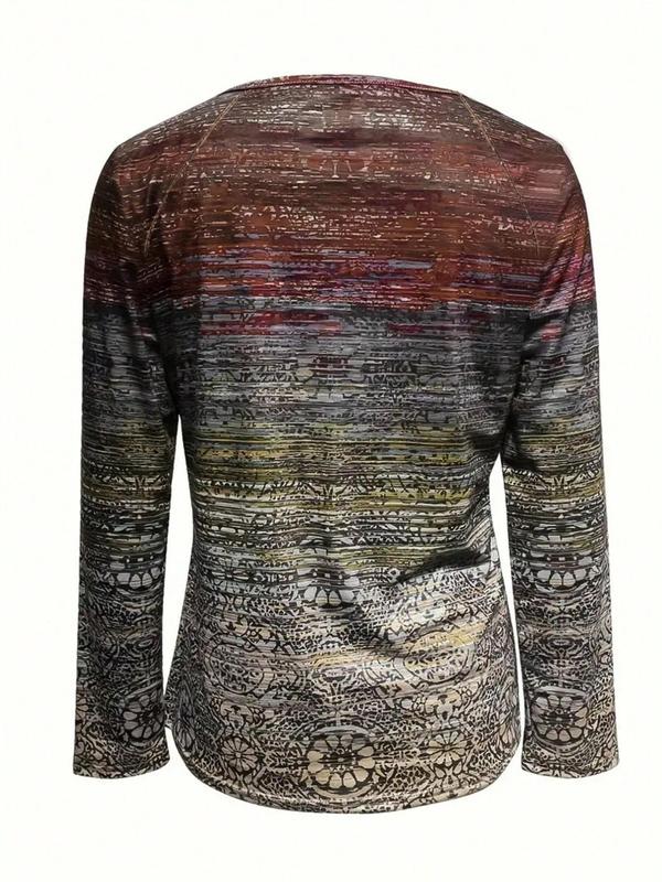 Women's Colorblock Striped Print Zipper Tee, Casual Long Sleeve Round Neck Top for Fall & Winter, Women's Clothes for Daily Wear