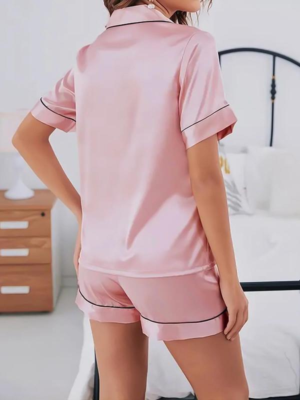 Women's Contrast Binding Lapel Pocket Shirt & Elastic Waist Shorts Satin Pyjama Set, Casual Short Sleeve Top & Shorts PJ Set, Women's Summer Sleepwear