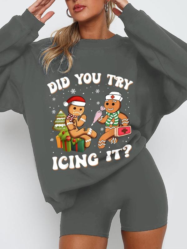 Women's Cartoon Gingerbread Man & Letter Print Pajama Sweatshirt, Casual Drop Shoulder Round Neck Sleep Pullover for Daily Wear, Ladies Spring & Fall Sleepwear