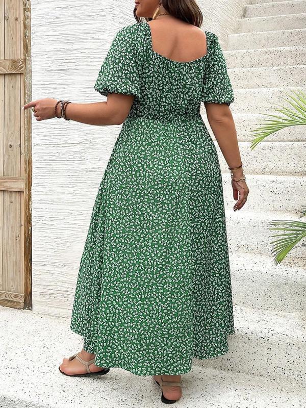  Ditsy Floral Print Split Thigh Shortsleeve Vintage Dress, Dresses for Women, Casual Comfort Boho Puff Sleeve Tie Front Dress for Fall, Women Plus Clothing for Fall Daily Casual Wear, Womenswear
