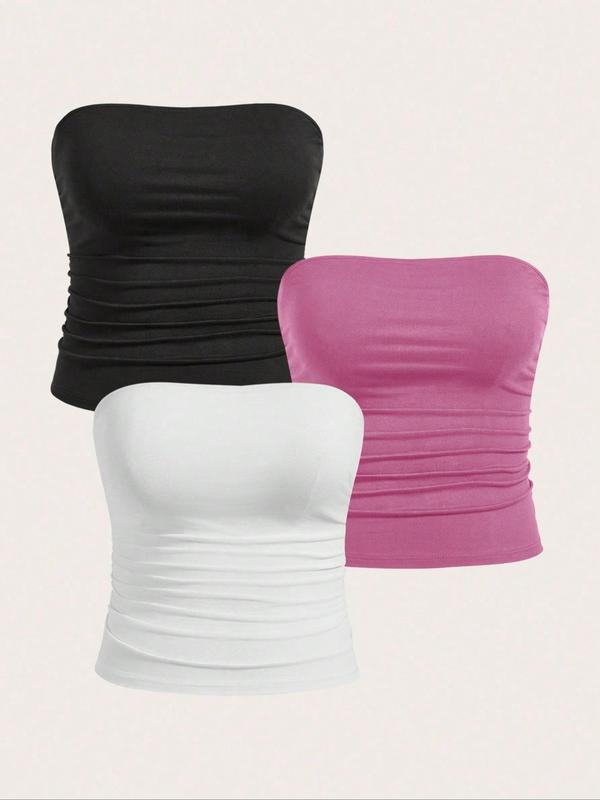  Solid Ruched Tube Top, Casual Comfy Breathable Strapless Top for Daily Wear, Women's Clothing for All Seasons