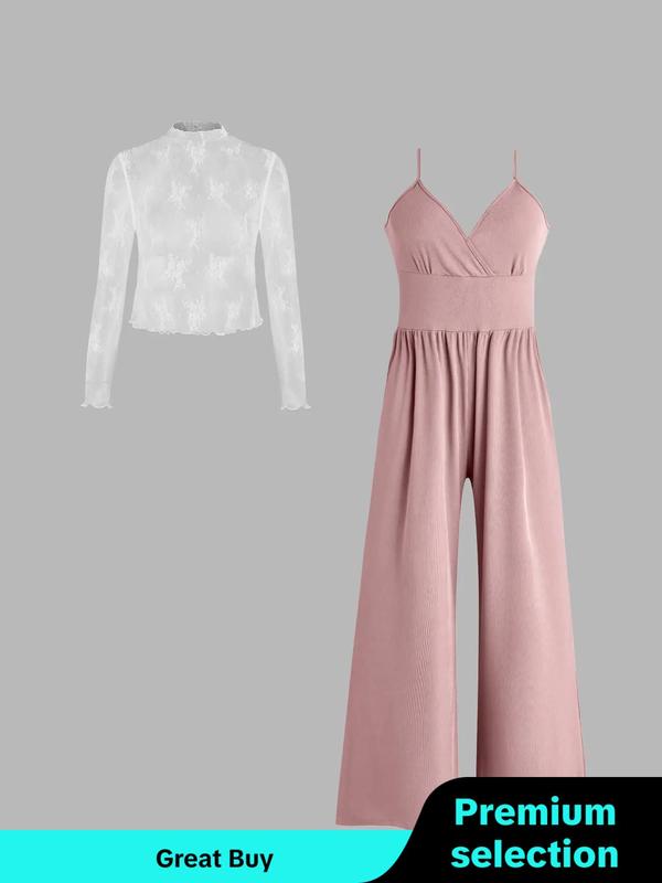  Two-Piece Set Solid Lettuce Trim Lace Crop Top & Wide Leg Cami Jumpsuit, Elegant Fashion Outfits for Daily Outdoor Wear, Women Clothing for Spring Fall