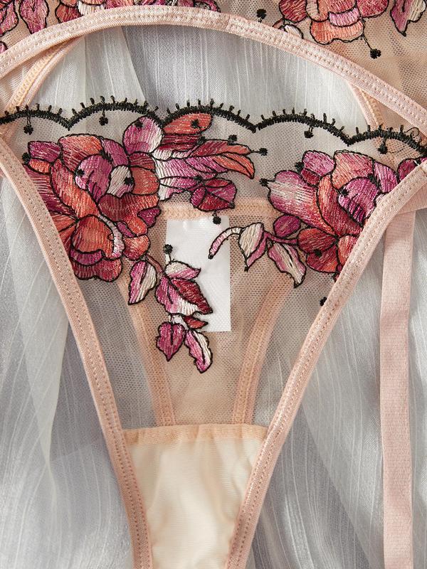Women's Floral Embroidery Bra & Thong & Garter Belt Three-Piece Set, Sexy Comfy Breathable Lingerie Set for Daily Wear, Women's Lingerie & Underwear for All Seasons