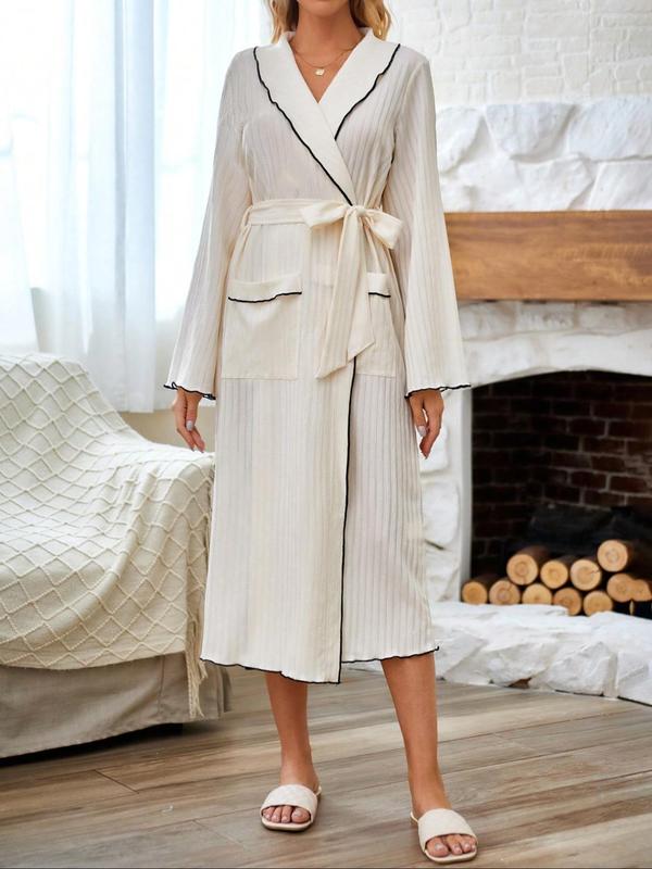 Women's Contrast Binding  Pocket Belted Robe, Casual Long Sleeve Flounce Sleeve Dressing Gown, Ladies Sleepwear for Spring & Fall