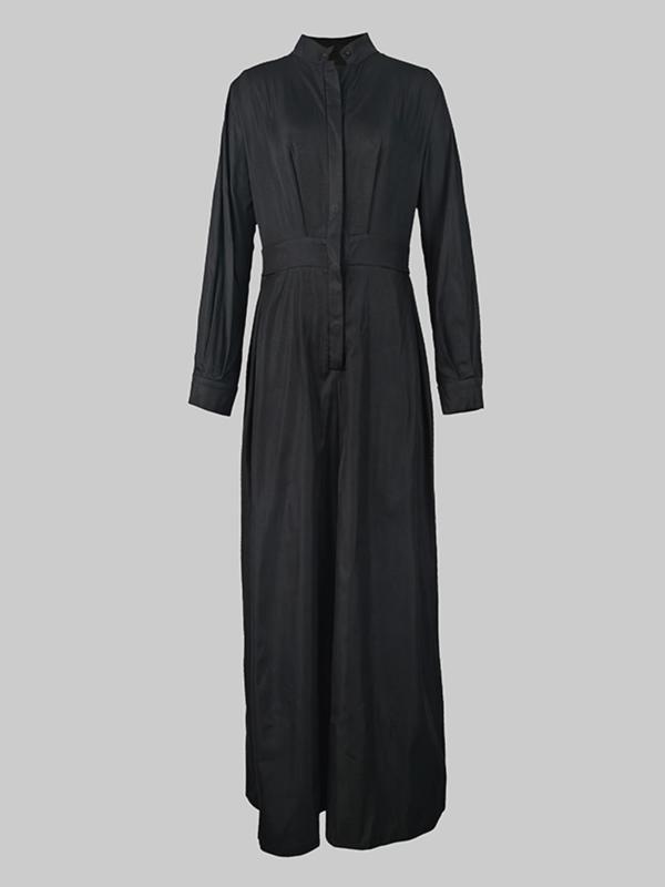 Women's Solid Color Half Button Bishop Sleeve Wide Leg Jumpsuit without Belt, Casual Pocket Mock Neck Long Sleeve Jumpsuit for Spring & Fall, Women's Clothes for Daily Wear
