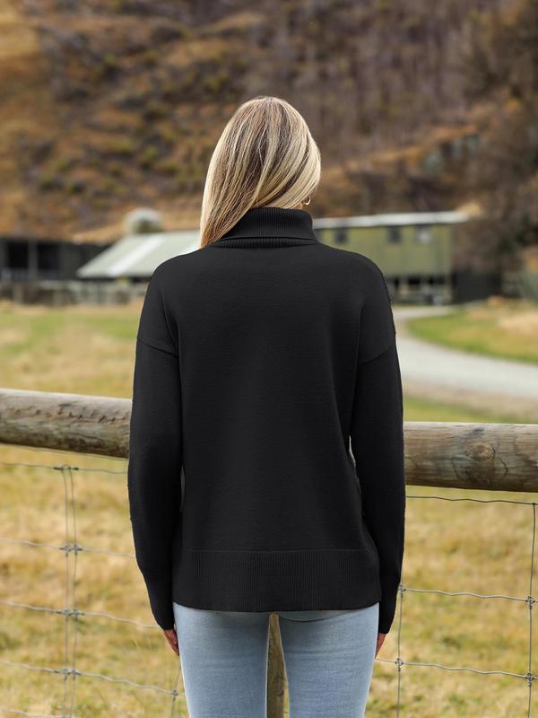 Women's Solid Drop Shoulder Turtle Neck Sweater, Casual Long Sleeve Jumper for Fall & Winter, Fashion Ladies' Knitwear for Daily Wear