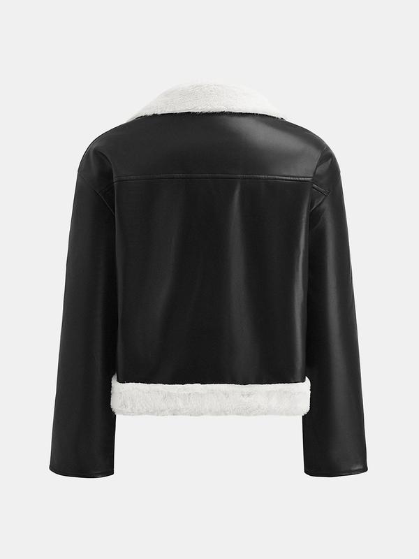 YOZY Women's Colorblock Contrast Faux Fur Trim Pocket Lapel Collar Jacket, Casual Asymmetrical Long Sleeve Zip Up Outerwear for Daily Wear, Ladies Clothes for All Seasons