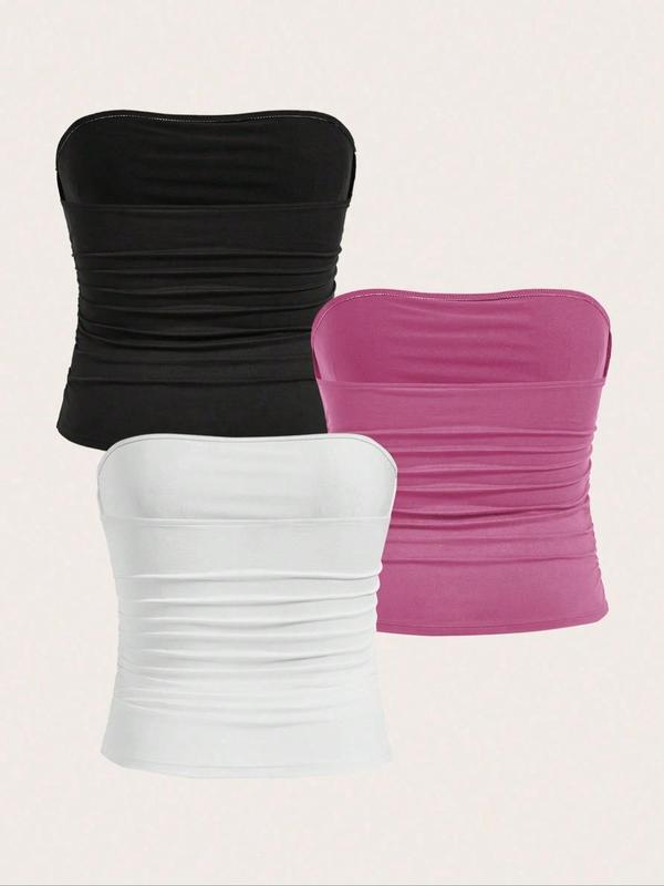  Solid Ruched Tube Top, Casual Comfy Breathable Strapless Top for Daily Wear, Women's Clothing for All Seasons