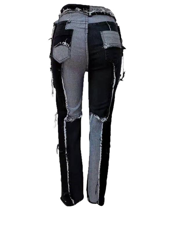 Women's Patchwork Raw Trim Straight Leg Pants, Street Fashion Casual Pocket Button Fly Trousers for Daily Wear,  Pants for Women, Ladies Bottoms for All Seasons
