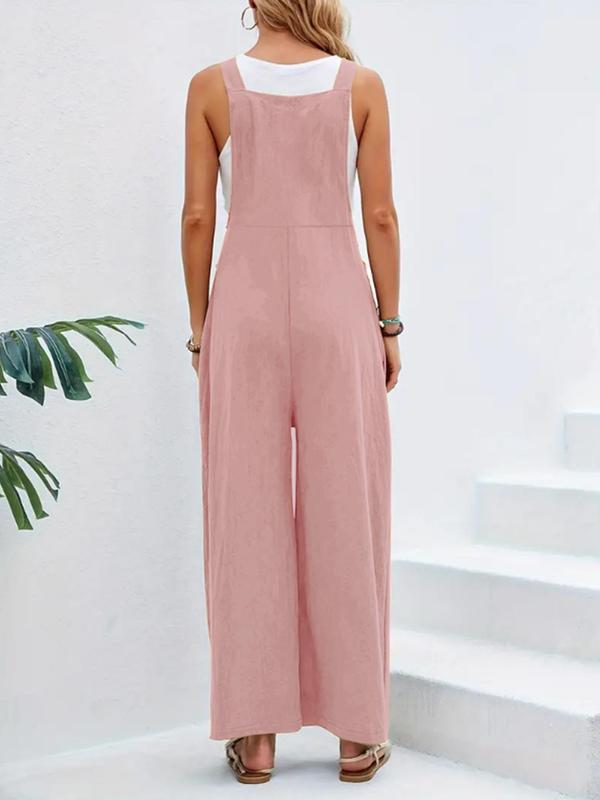 Women's Plicated Button Wide Leg Overalls Jumpsuit without Tank Top, Casual Pocket Square Neck Sleeveless Overalls Jumpsuit, Women's Jumpsuit