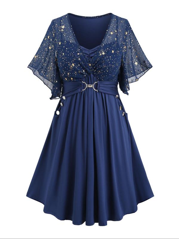  Star Patchwork Print Fake Buttons Ruched Wrap Dress, Elegant Butterfly Sleeve Pocket Chain Detail Dress for Party Holiday Wedding Guest, Women's Clothes for Summer