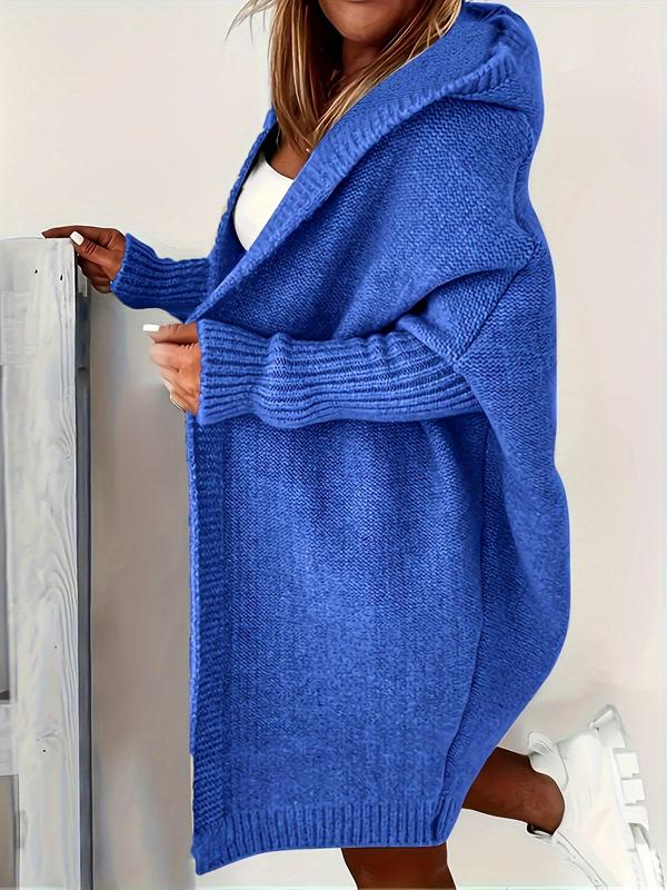 [Faith Devine Exclusive] Solid Drop Shoulder Top Stitching Hooded Cardigan, Casual Long Sleeve Open Front Knitwear for Fall & Winter, Women's Clothing for Daily Wear, Downtown Girl Clothes