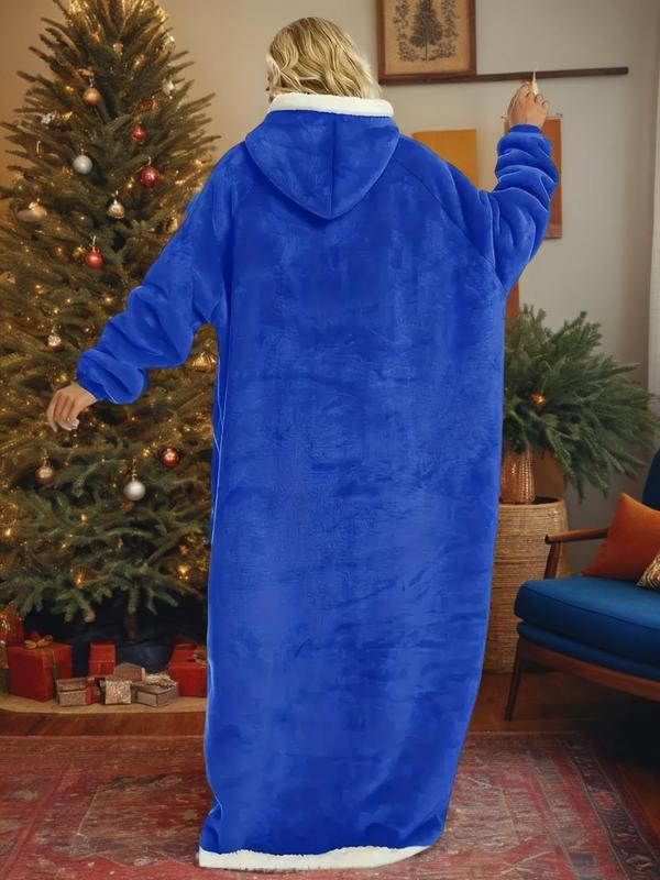 Women's Solid Raglan Sleeve Hooded Lounge Robe, Casual Oversized Loungewear, Long Sleeve Pocket Design Warm Robe for Fall & Winter, Women's Sleepwear for Indoor Wear