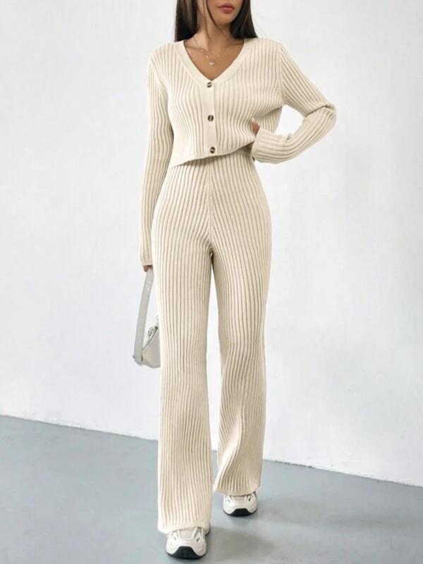 Two-piece Set Women's Solid Button Front Crop Cardigan & High Waist Pants Sweater Co-ord Set, Casual Long Sleeve V Neck Top & Straight Leg Trousers for Fall & Winter, Two Piece Set Women, Ladies Clothes for Daily Wear