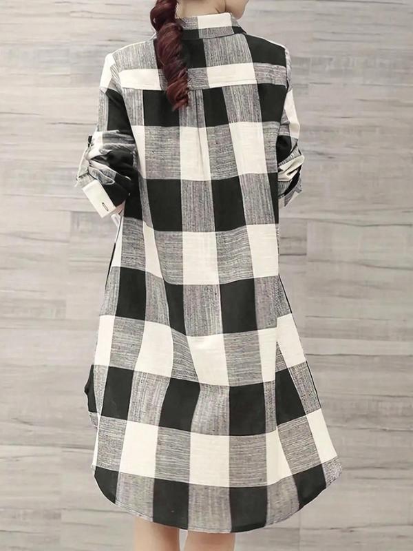 Women's Plaid Print Button Front Long Shirt, Casual Loose Collared Top for Spring & Fall, Women's Clothes for Daily Wear, Fall Clothes, Summer Clothes Women