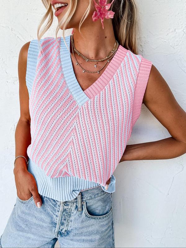 Women's Colorblock V Neck Sweater Vest, Casual Sleeveless Knit Top for Summer, Fashion Women's Knitwear for Daily Wear