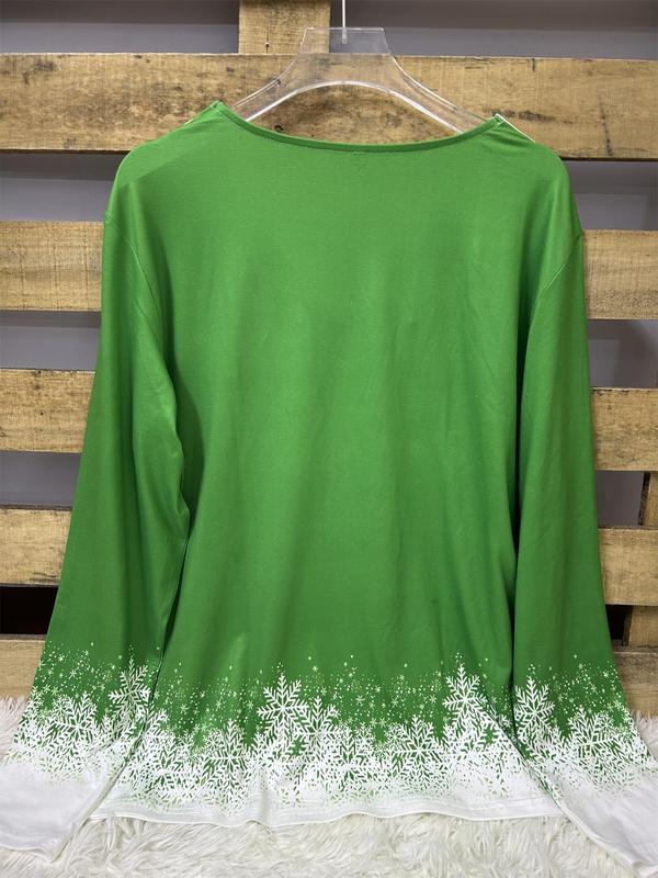  Colorblock Christmas Tree Print Ruched Fake Buttons V Neck Tee, Casual Long Sleeve T-shirt for Fall & Winter, Women's Clothing for Daily Wear