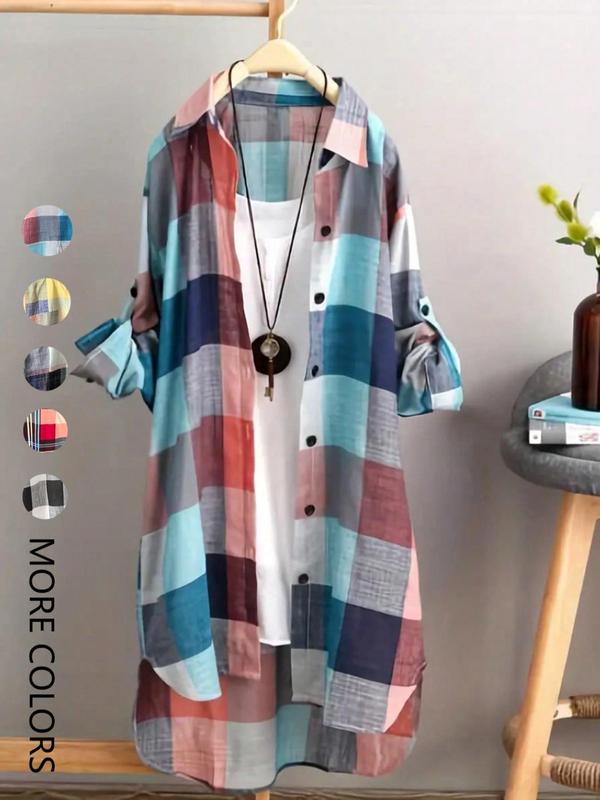 Women's Plaid Print Button Front Long Shirt, Casual Loose Collared Top for Spring & Fall, Women's Clothes for Daily Wear, Fall Clothes, Summer Clothes Women