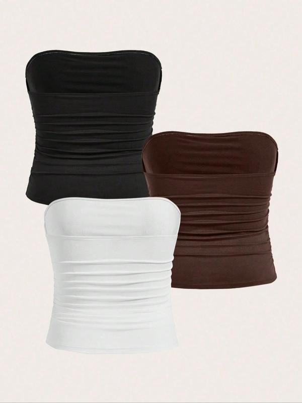  Solid Ruched Tube Top, Casual Comfy Breathable Strapless Top for Daily Wear, Women's Clothing for All Seasons