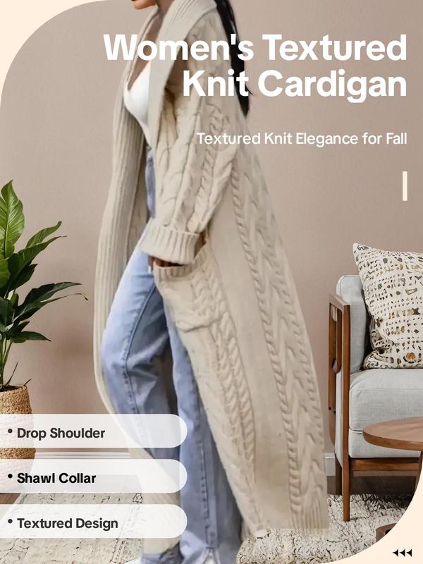 ,women's Textured Drop Shoulder Long Cable Knit Cardigan, Casual Long Sleeve Open Front Knitwear for Fall & Winter, Fashion Women's Knit Clothing for Daily Wear, Fall Clothes