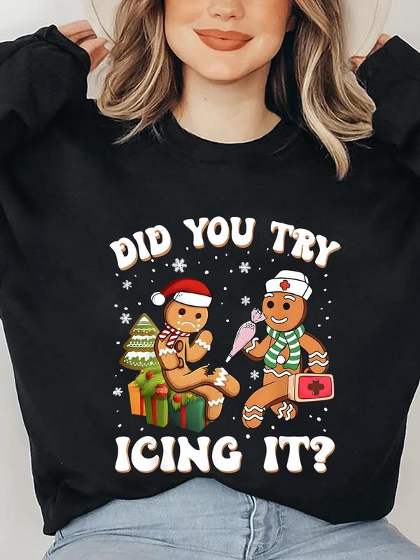 Women's Cartoon Gingerbread Man & Letter Print Pajama Sweatshirt, Casual Drop Shoulder Round Neck Sleep Pullover for Daily Wear, Ladies Spring & Fall Sleepwear