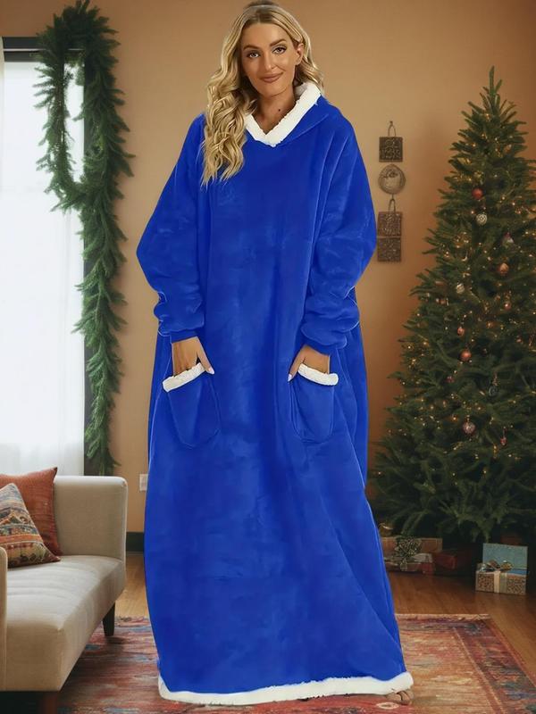Women's Solid Raglan Sleeve Hooded Lounge Robe, Casual Oversized Loungewear, Long Sleeve Pocket Design Warm Robe for Fall & Winter, Women's Sleepwear for Indoor Wear
