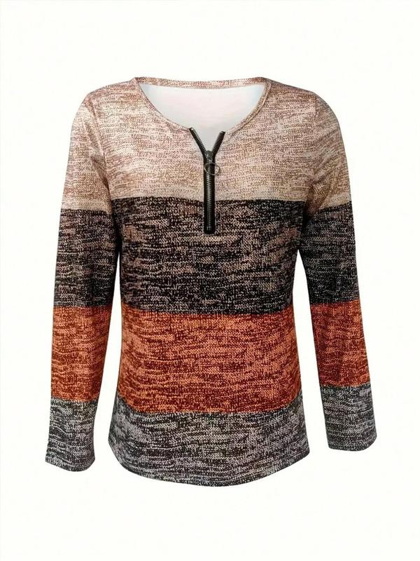Women's Colorblock Striped Print Zipper Tee, Casual Long Sleeve Round Neck Top for Fall & Winter, Women's Clothes for Daily Wear