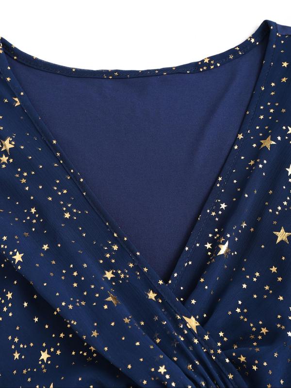  Star Patchwork Print Fake Buttons Ruched Wrap Dress, Elegant Butterfly Sleeve Pocket Chain Detail Dress for Party Holiday Wedding Guest, Women's Clothes for Summer